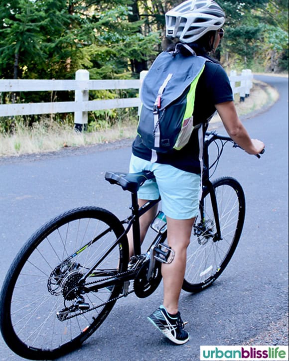 Marlynn Jayme Schotland biking the historic Columbia Gorge Highway.