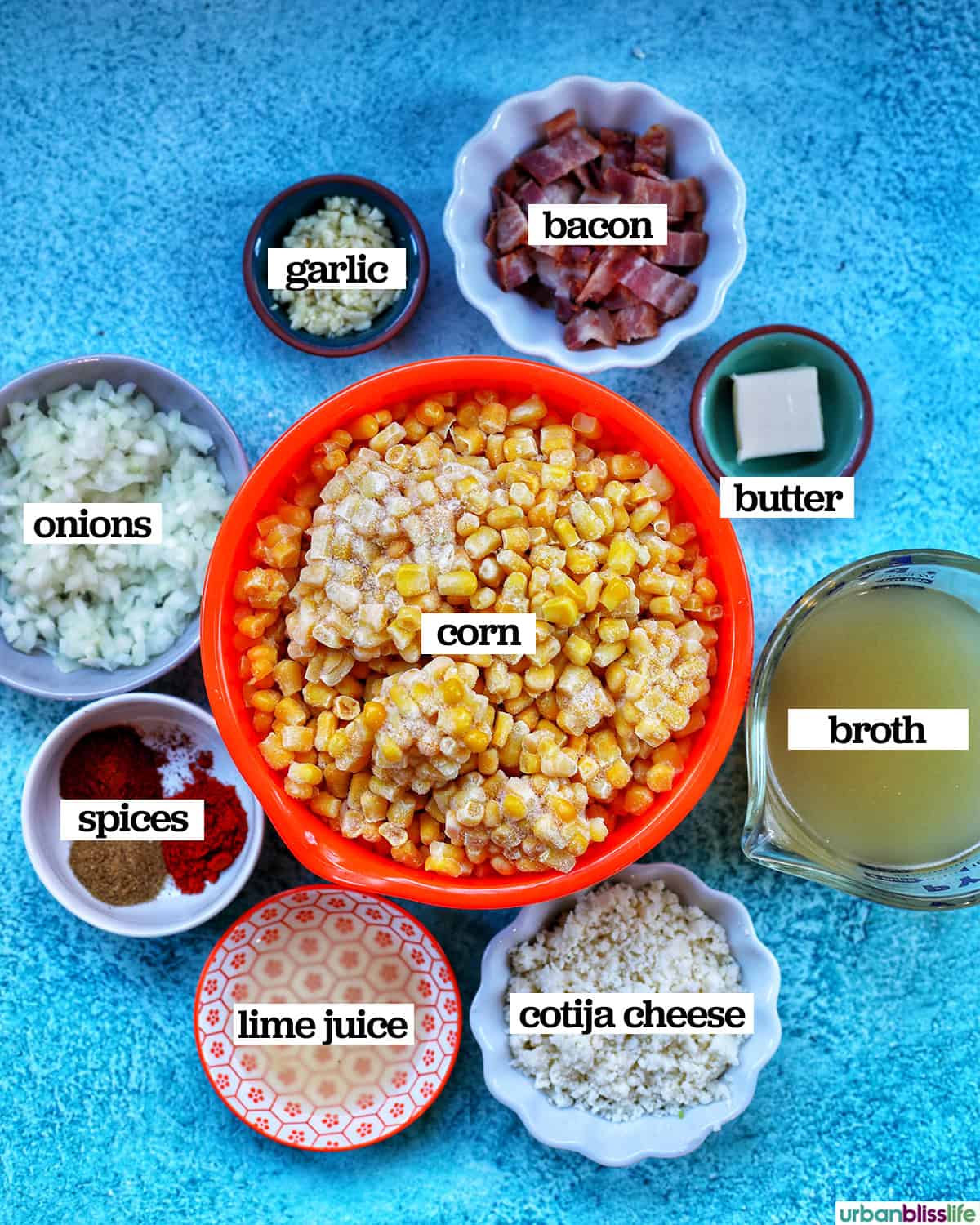 bowls of ingredients to make Instant Pot Mexican Corn Chowder.