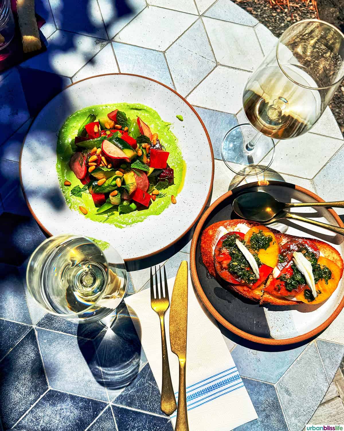 salad and tomato bread with two glasses of wine at analemma wines.