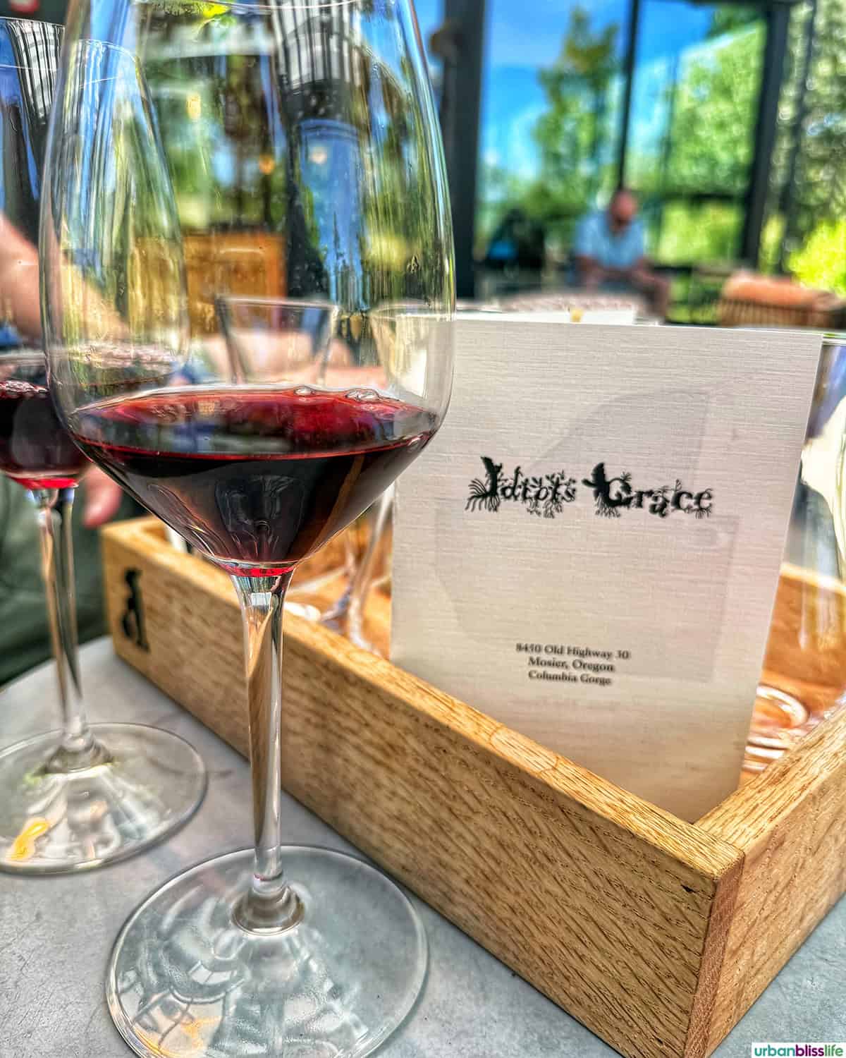 glasses of red wine at Idiot's Grace Winery in Mosier, Oregon.