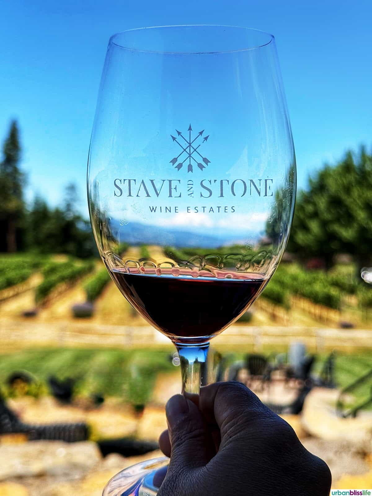 wine glass held up at Stave and Stone Winery in Hood River, Oregon.