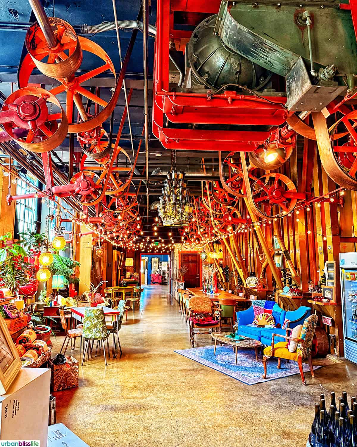 colorful interior of Sunshine Mill Winery in The Dalles, Oregon.