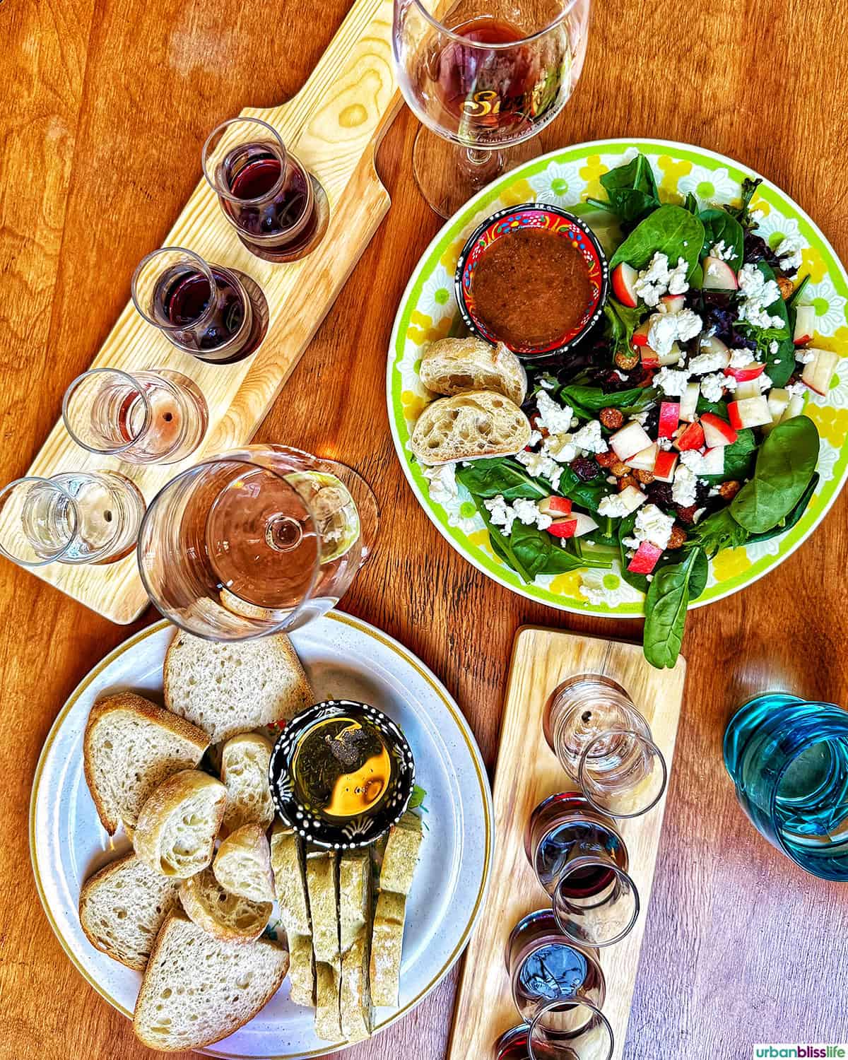 wine flights, salad, and bread at Sunshine Mill Winery in The Dalles, Oregon.