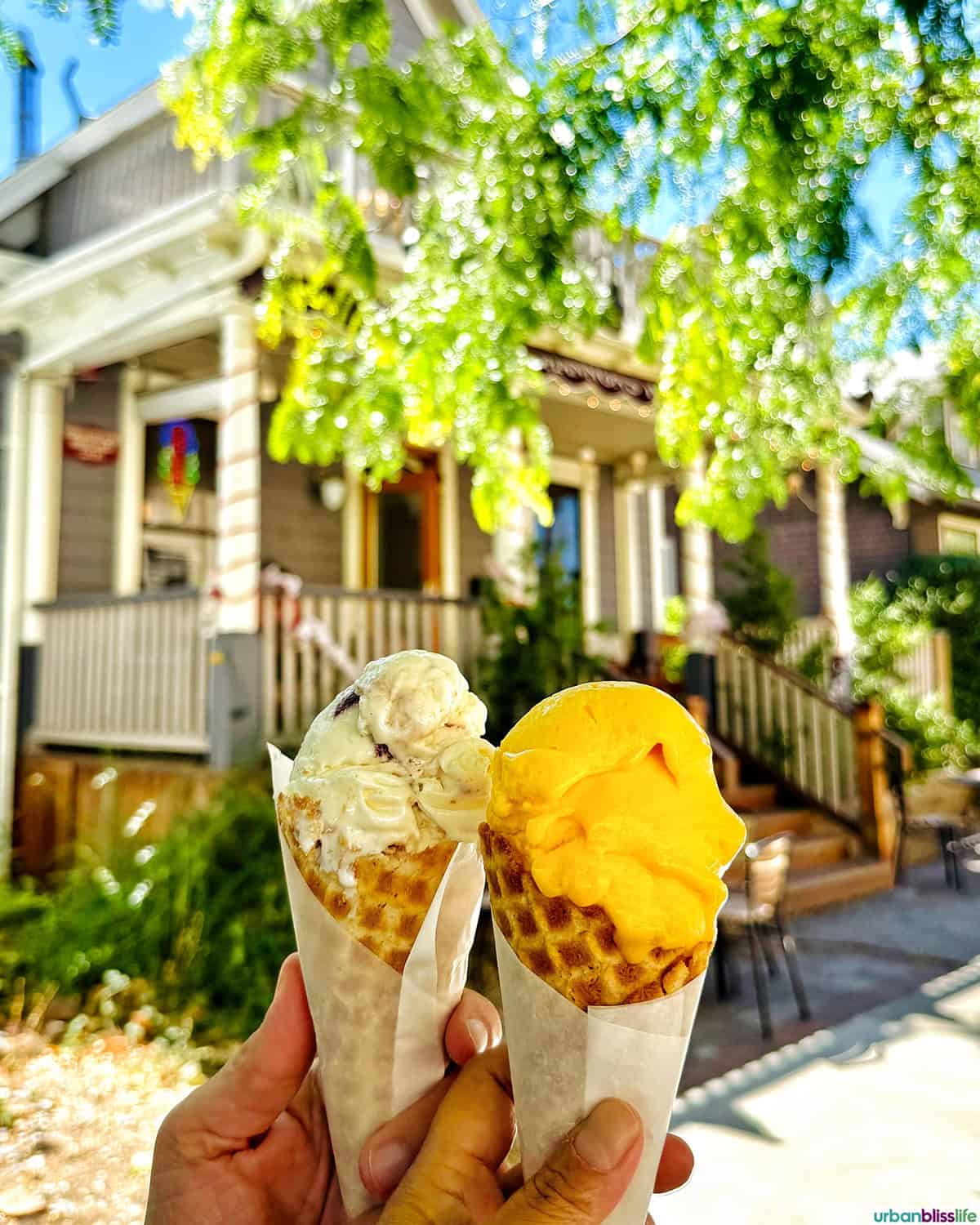two ice cream cones outside of Shannon's Ice Cream in The Dalles, Oregon.