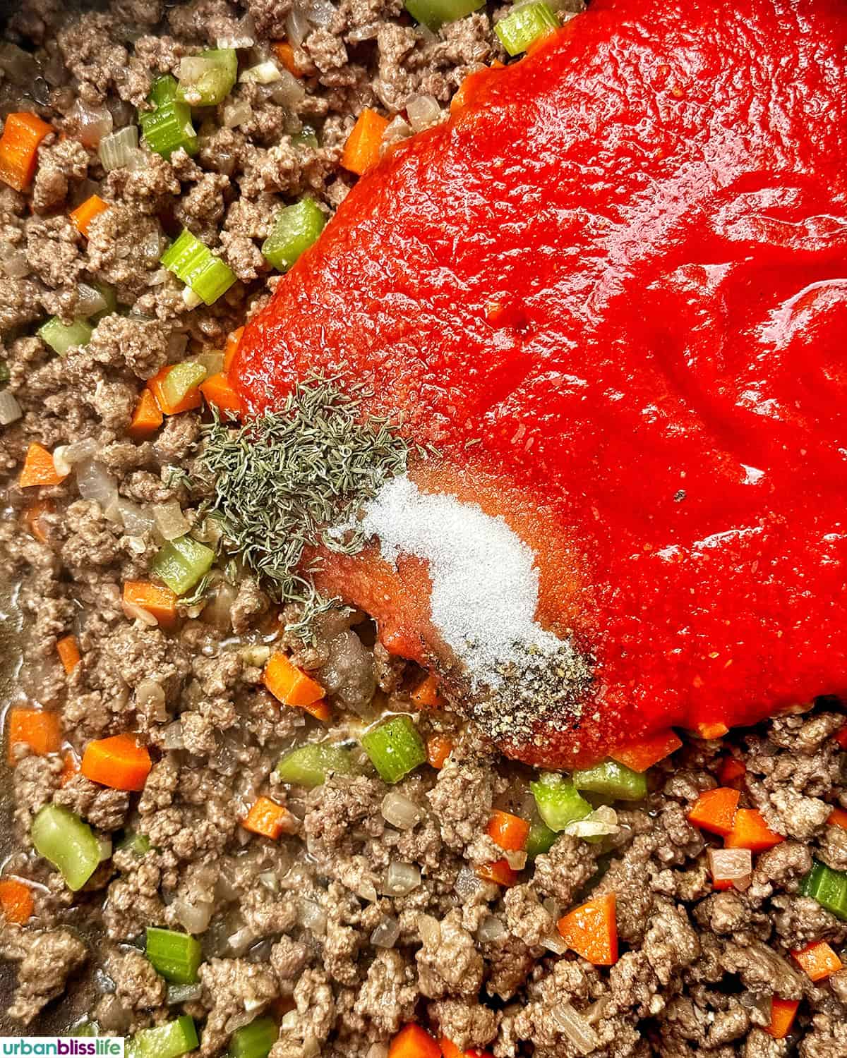 seasonings and tomato sauce added to make baked pasta bolognese.
