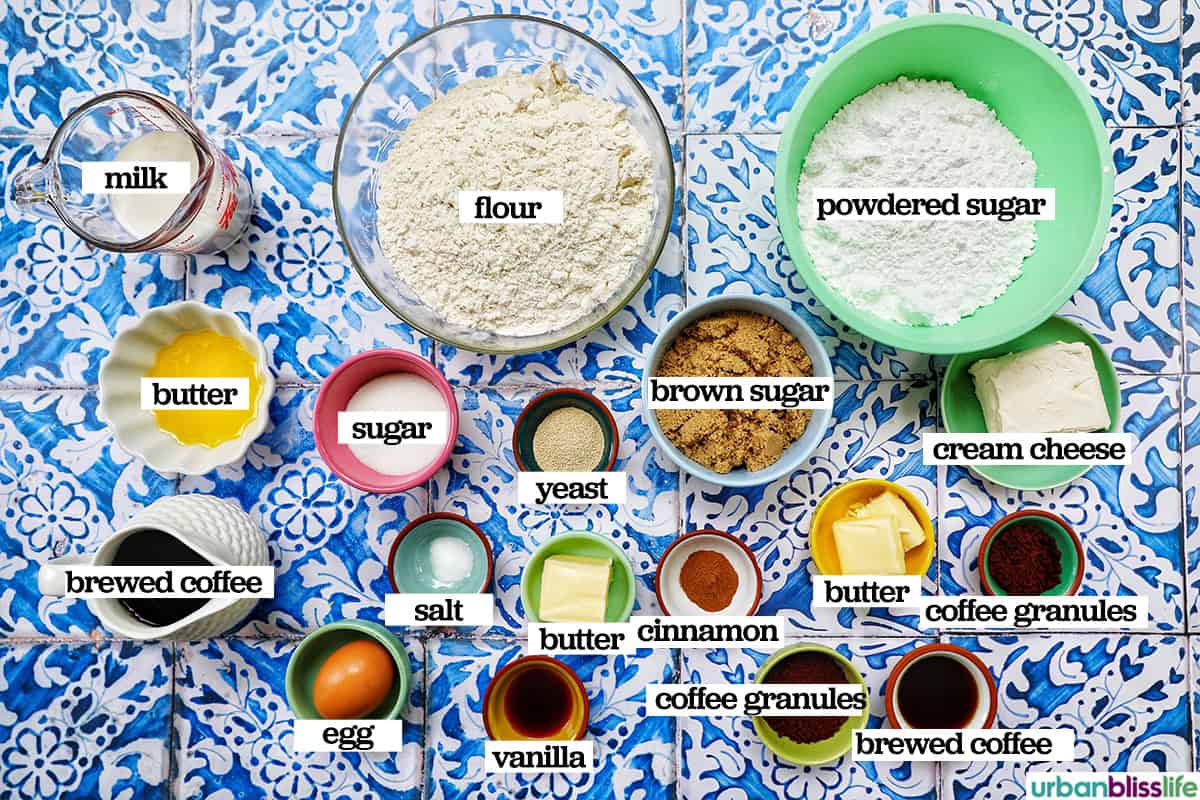 bowls of ingredients to make coffee cinnamon rolls.