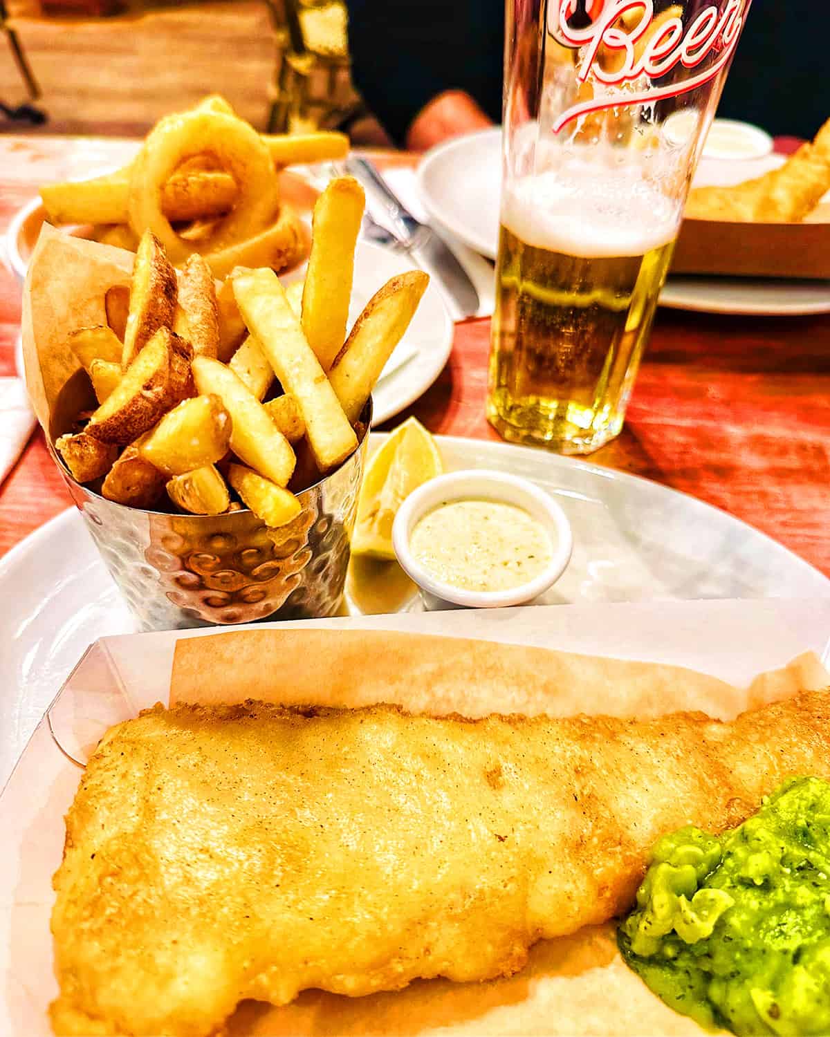 fish and chips with beer