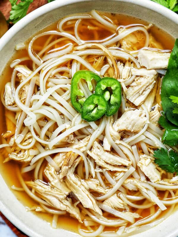 bowl of slow cooker chicken pho soup.