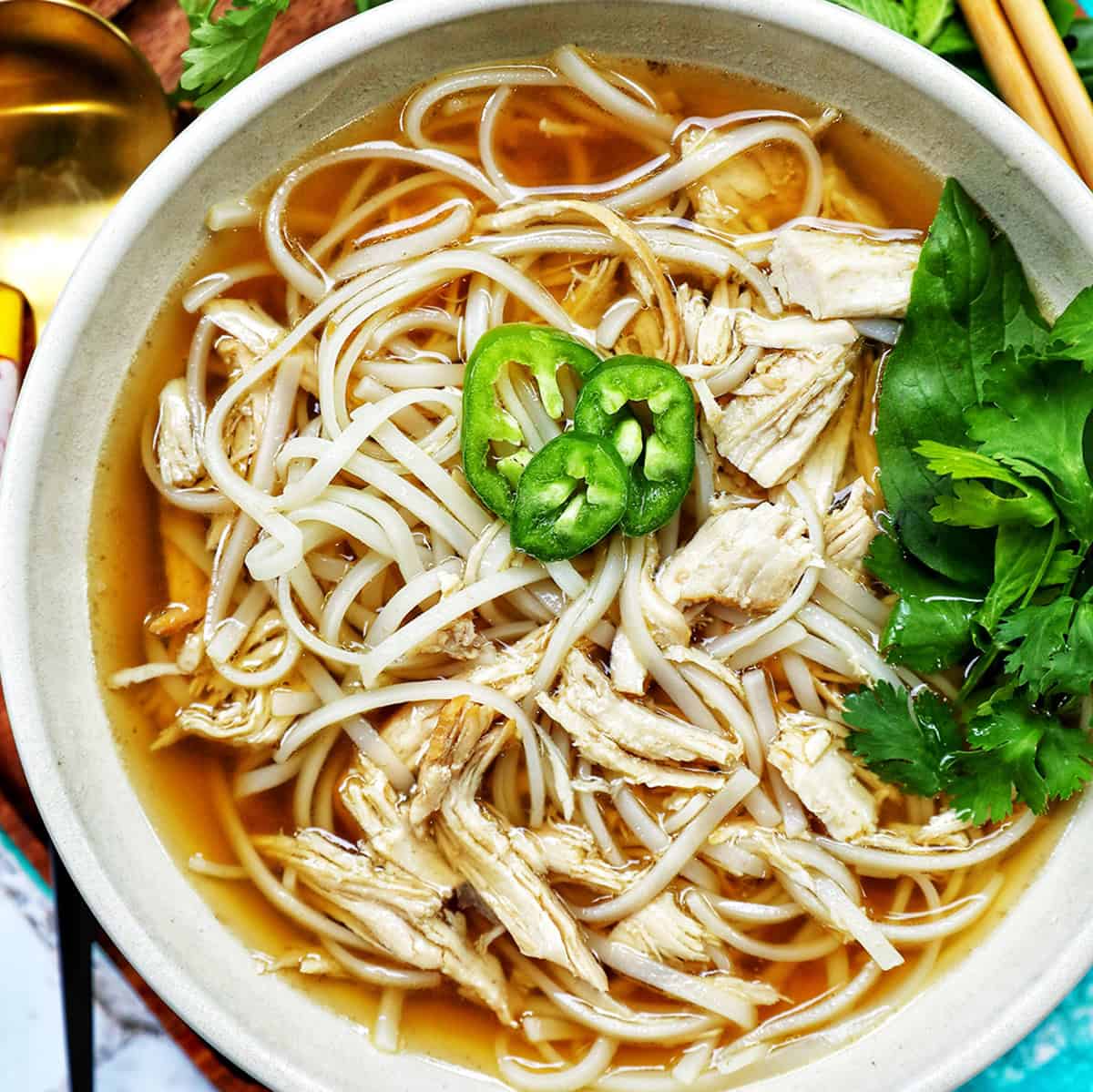 bowl of slow cooker chicken pho soup.
