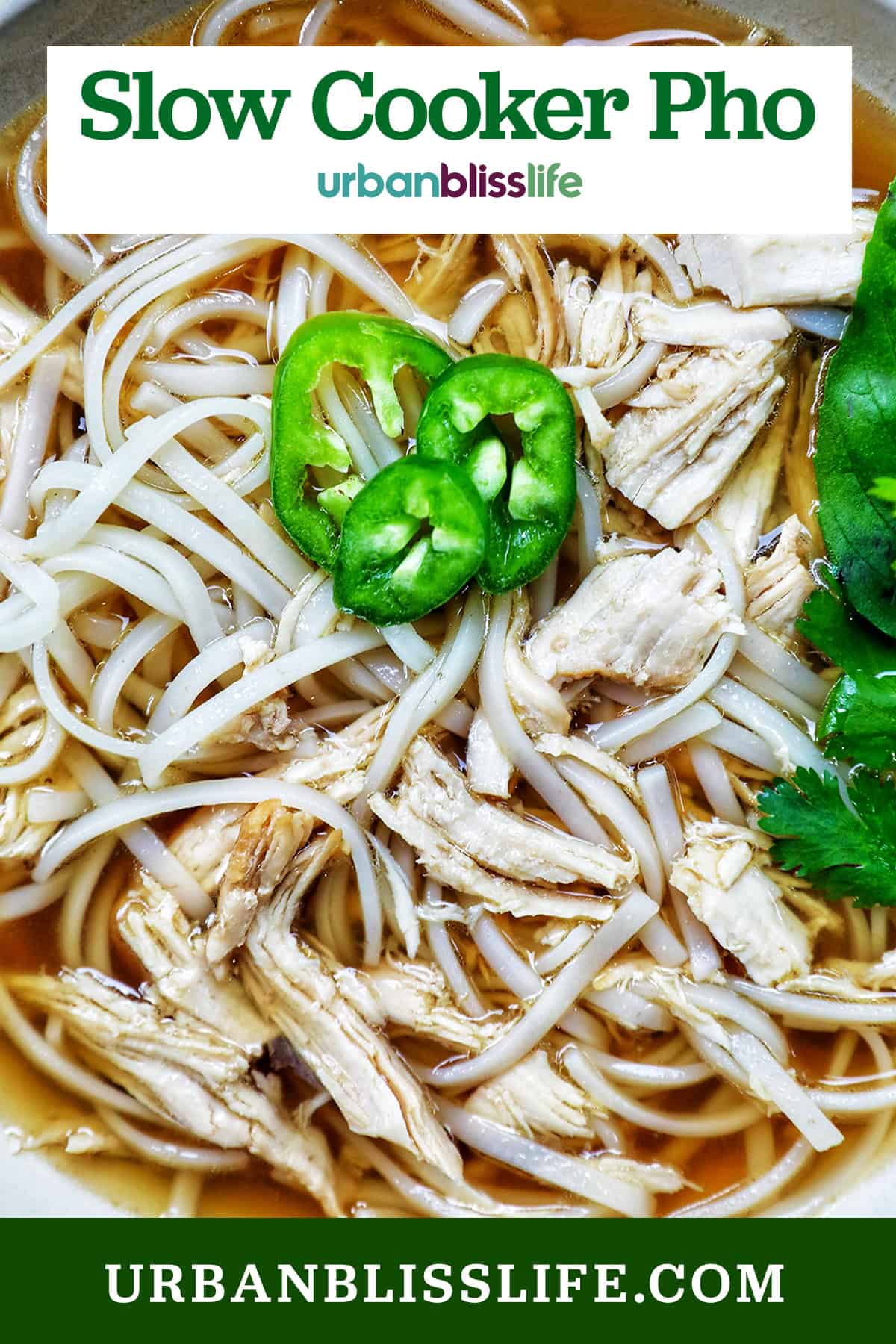 bowl of slow cooker chicken pho soup with herbs and chopsticks and title text overlay.