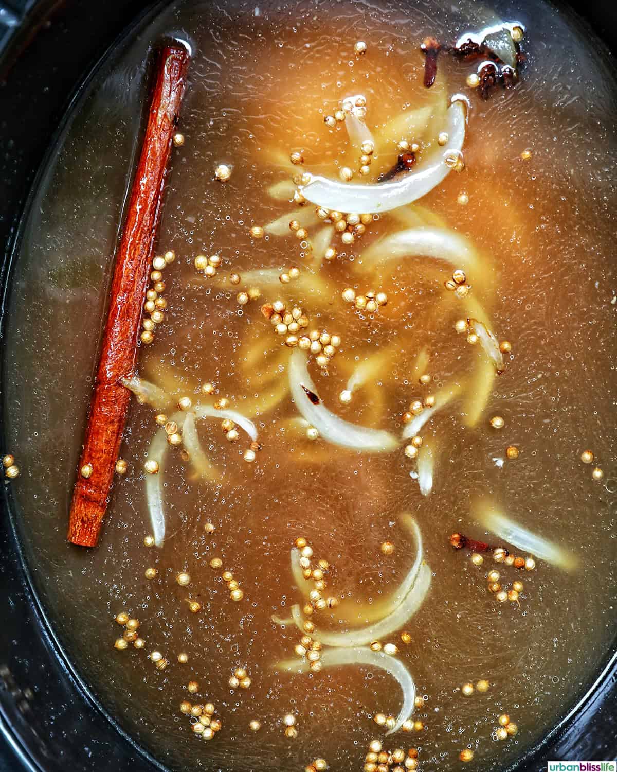broth and ingredients in a slow cooker to make slow cooker chicken pho soup.