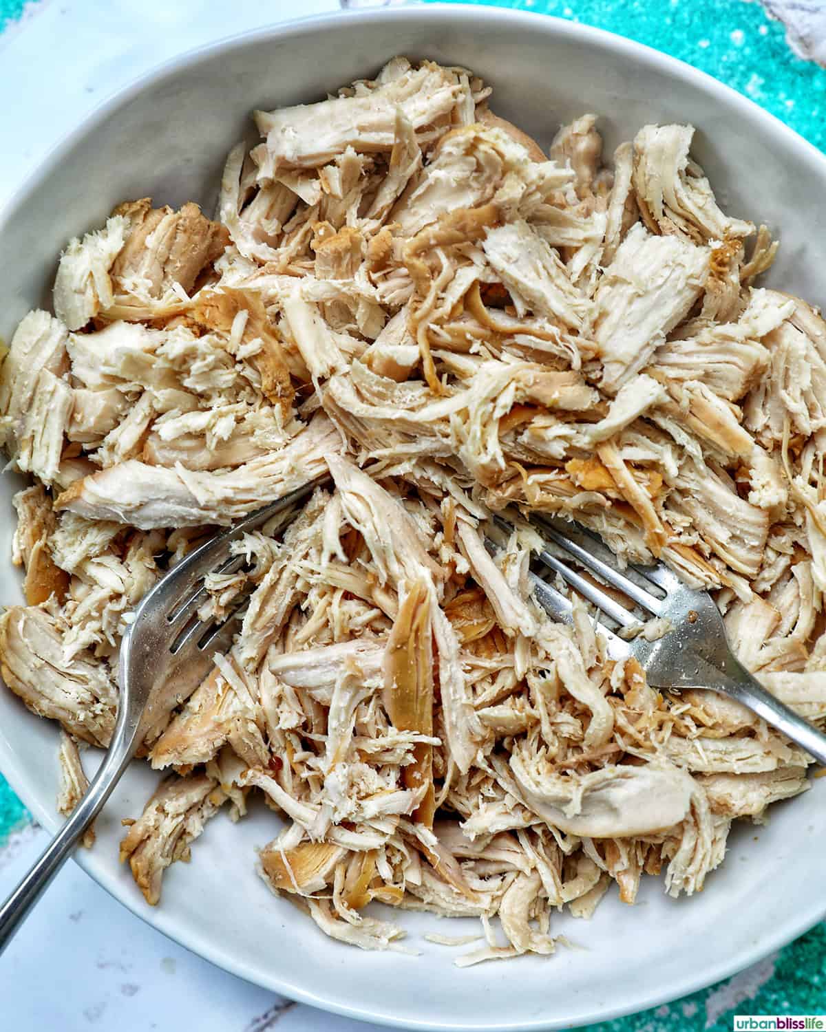 shredding chicken with two forks.