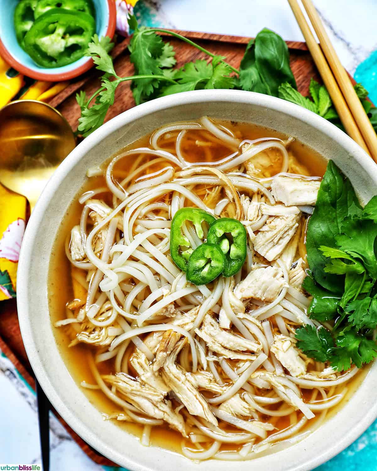 bowl of slow cooker chicken pho soup with herbs and chopsticks.