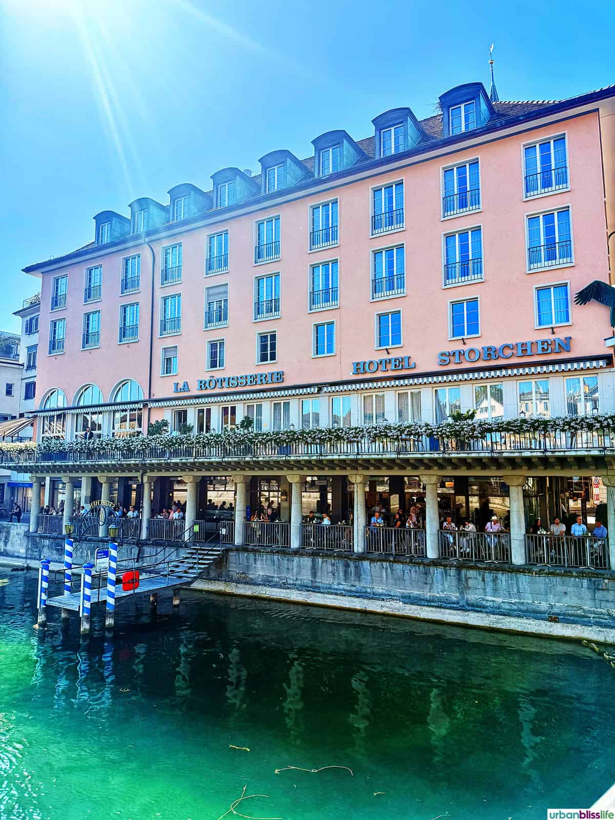 angled exterior of Hotel Storchen Zürich.