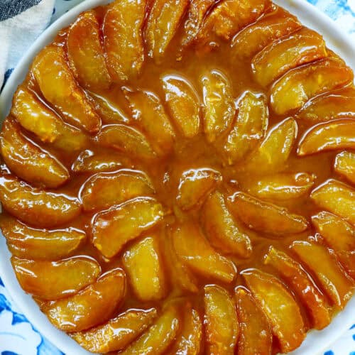 closeup of a Pomme Tarte Tatin apple tart.