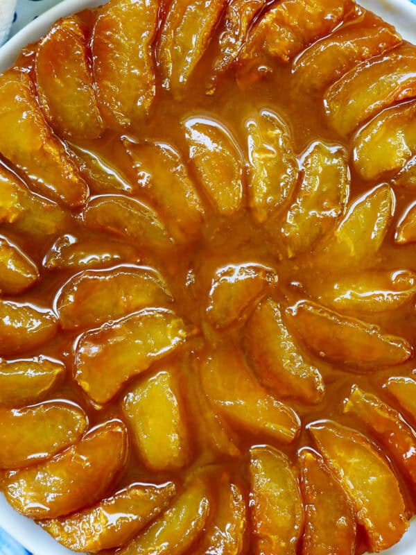 closeup of a Pomme Tarte Tatin apple tart.