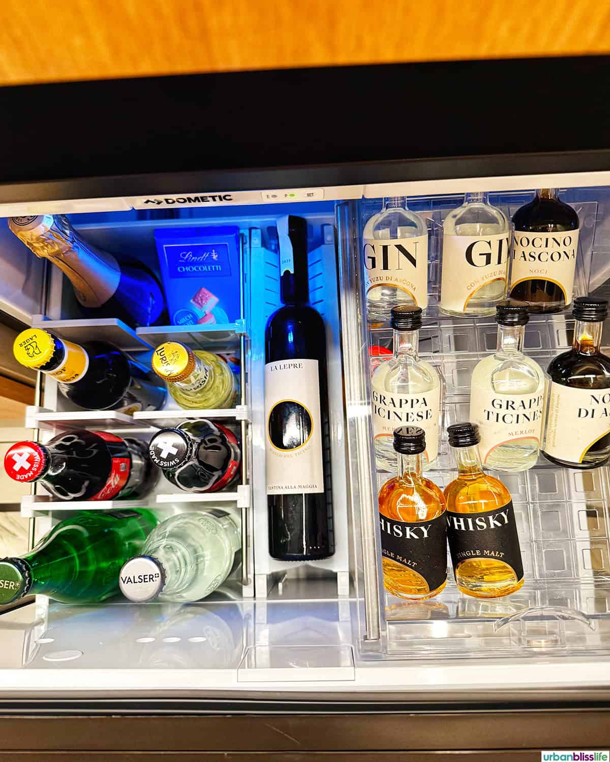 refrigerated beverage shelf at Hotel Storchen Zürich.