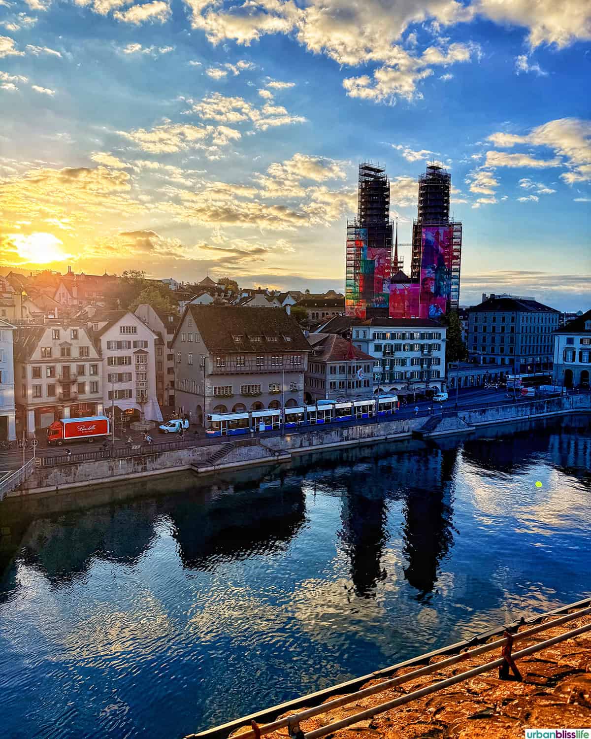 morning sunrise view from a riverside room at Hotel Storchen Zürich.